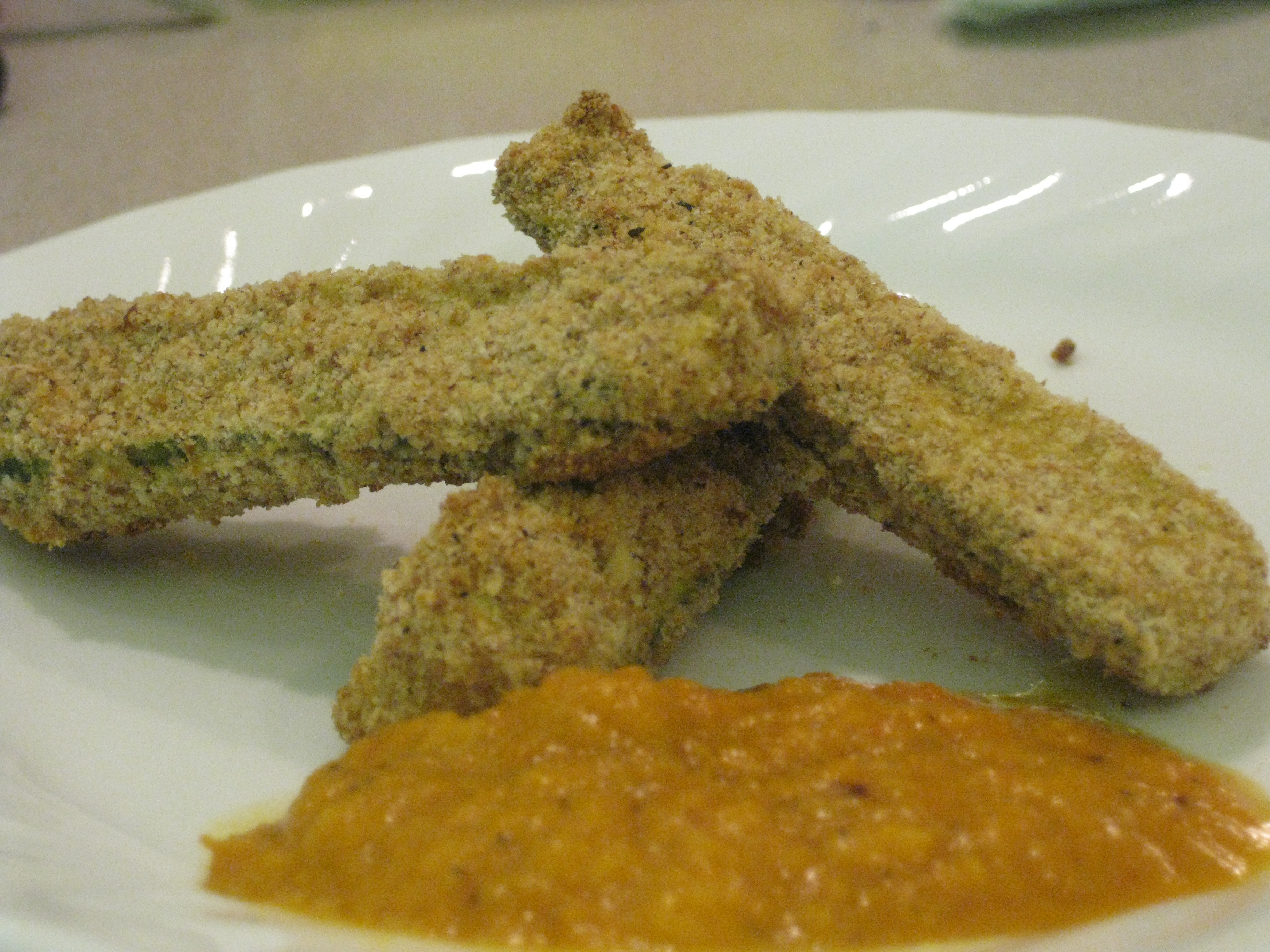 Parmesan Zucchini Sticks with Smoky Roasted Romesco Sauce