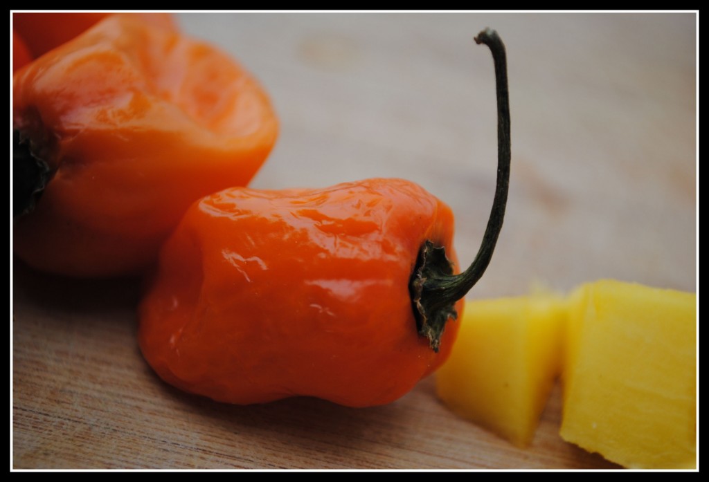 DSC_0439 A couple of whole habanero peppers on a wood board.