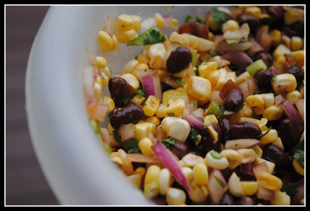 DSC_0120 A bowl of black beans, corn, red onions, and chopped cilantro.